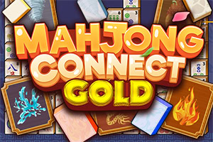 Fargerik spillgrafikk med teksten «Mahjong Connect Gold» over mahjongbrikker og kort med ild- og snøfnuggmotiv
