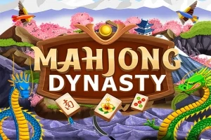 Et skilt med teksten Mahjong Dynasty omgitt av drager, fjell og blomstrende trær