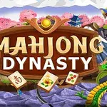 Et skilt med teksten Mahjong Dynasty omgitt av drager, fjell og blomstrende trær