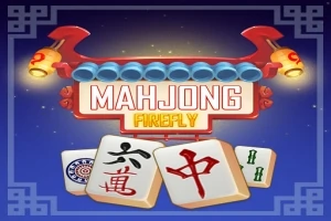 Tegneserieillustrasjon med mahjong-brikker foran en dekorativ bakgrunn med lys