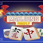Tegneserieillustrasjon med mahjong-brikker foran en dekorativ bakgrunn med lys