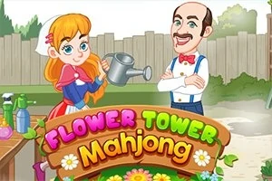 Tegneseriefigur av en jente med vannkanne og en mann i hagearbeidsmiljø med skiltet Flower Tower Mahjong