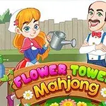 Tegneseriefigur av en jente med vannkanne og en mann i hagearbeidsmiljø med skiltet Flower Tower Mahjong