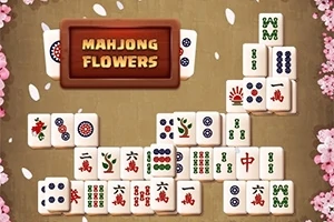Mahjong-brikker med blomsterdesign omringet av rosa blomsterblader på brun bakgrunn