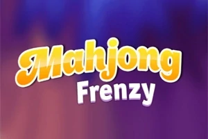 Teksten Mahjong Frenzy med en fargerik bakgrunn i blå- og lilla-toner