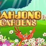 Fargerik illustrasjon av en hage med blomster, papegøye og en sommerfugl, samt teksten Mahjong Gardens i bakgrunnen