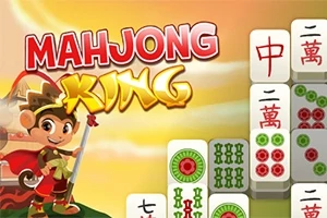 Tegneserieape i rustning ved siden av stablede mahjong-brikker mot en gul bakgrunn med teksten Mahjong King