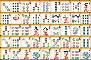 Et bilde av fliser med ulike kinesiske symboler, tall og mønstre i forskjellige farger som rødt, grønt og blått, arrangert i rader