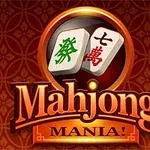 To mahjong-brikker med asiatiske tegn på en dekorativ rød bakgrunn, med teksten Mahjong Mania!