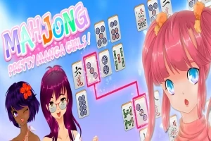 Tegneseriejenter med fargerikt hår og mahjong-brikker over en blå bakgrunn