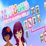 Tegneseriejenter med fargerikt hår og mahjong-brikker over en blå bakgrunn