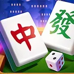 To mahjong-brikker med kinesiske tegn og en terning hviler på et bord med en blå bakgrunn