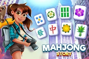 En illustrasjon av en person med kamera foran en bybakgrunn og flere mahjong-brikker