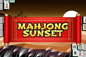 Rødt banner med teksten Mahjong Sunset mot en solnedgangsbakgrunn, omgitt av mahjong-brikker