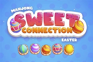 Fargerikt design med tekst Sweet Connection Easter og pyntede påskeegg på blå bakgrunn