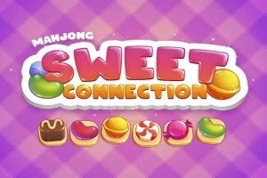 Fargerik tekst med ordet Sweet Connection i midten, omgitt av søtsaker, på en lilla rutete bakgrunn