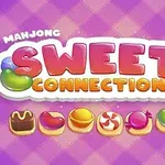 Fargerik tekst med ordet Sweet Connection i midten, omgitt av søtsaker, på en lilla rutete bakgrunn