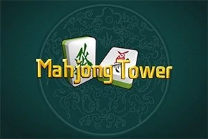 To brikker med kinesiske tegn bak teksten Mahjong Tower på en grønn ornamentert bakgrunn