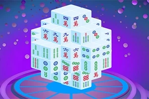 Tredimensjonal kube sammensatt av mahjong-brikker på en rosa og lilla bakgrunn