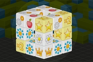 En tredimensjonal kube laget av mindre hvite kuber med symboler som stjerner, tannhjul, epler, blomster og kroner, på en mørk bakgrunn