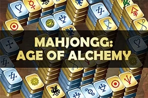 Stable av brikker med forskjellige alkymistiske symboler i blått og gull, med teksten MAHJONGG: AGE OF ALCHEMY i midten