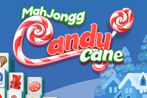 Teksten MahJongg Candy Cane med godteristaver og juletema mot en blå bakgrunn med snødekte hus