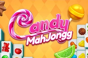 Fargerik bakgrunn med teksten Candy MahJongg omgitt av godterilignende objekter, inkludert en sukkertøy-slikkepinne og en lollipop