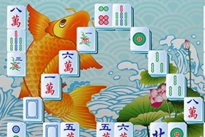 En illustrasjon med mahjong-brikker på en bakgrunn av en oransje koi-fisk og bølger
