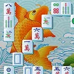 En illustrasjon med mahjong-brikker på en bakgrunn av en oransje koi-fisk og bølger
