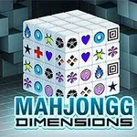 En kube med symboler og mønstre på hver side står mot en bakgrunn av tredimensjonale blokker, med teksten Mahjongg Dimensions under