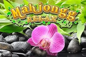 En rosa orkidé ligger på svarte steiner med grønne blader i bakgrunnen, med teksten Mahjongg Relax i gyldne bokstaver over