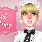 Tegning av en illustrert kvinne med en hvit tjenestepike-lue ved siden av rosa skilt med teksten Maid Academy