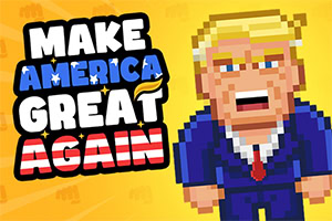 Pixelert figur i dress med teksten Make America Great Again på gul bakgrunn