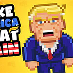 Pixelert figur i dress med teksten Make America Great Again på gul bakgrunn