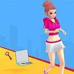En animert jente i rosa hettegenser og hvitt skjørt løper langs en fargerik sti med en nøkkel og en laptop på bakken