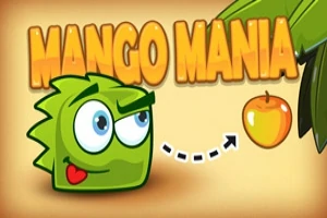 En tegneserieaktig grønn figur med øyne og et smil ser på en mango ved siden av teksten Mango Mania