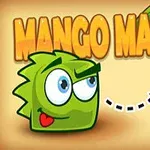 En tegneserieaktig grønn figur med øyne og et smil ser på en mango ved siden av teksten Mango Mania