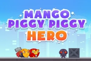 Tegneseriefigurer står på en plattform med Mango Piggy Piggy Hero skrevet over dem mot en bybakgrunn