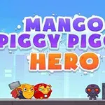 Tegneseriefigurer står på en plattform med Mango Piggy Piggy Hero skrevet over dem mot en bybakgrunn