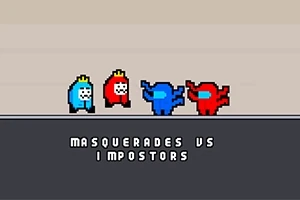 Fire pixel-art figurer i ulike farger med små kroner på hodene står på en grå plattform, med teksten Masquerades vs Impostors under