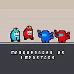 Fire pixel-art figurer i ulike farger med små kroner på hodene står på en grå plattform, med teksten Masquerades vs Impostors under