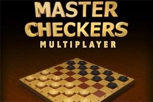 Et sjakkbrett med svarte og hvite brikker er plassert under teksten «MASTER CHECKERS MULTIPLAYER»
