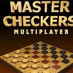 Et sjakkbrett med svarte og hvite brikker er plassert under teksten «MASTER CHECKERS MULTIPLAYER»
