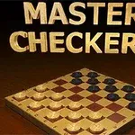 Bilde av et sjakkbrett med lyse og mørke brikker, og teksten MASTER CHECKERS i gullfarge over brettet