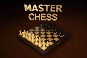 Et sjakkbrett med hvite og svarte brikker oppstilt, med teksten MASTER CHESS ovenfor