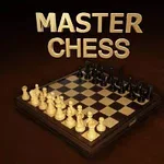Et sjakkbrett med hvite og svarte brikker oppstilt, med teksten MASTER CHESS ovenfor