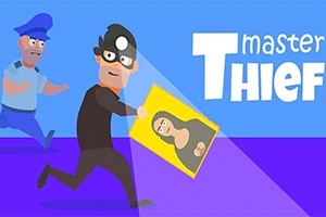 En animert tyv med maske bærer et maleri mens han blir forfulgt av en politibetjent, med teksten Master Thief på en blå bakgrunn