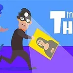 En animert tyv med maske bærer et maleri mens han blir forfulgt av en politibetjent, med teksten Master Thief på en blå bakgrunn