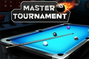 Biljardbord med flere baller og en kø, logo med teksten Master Tournament og en brennende ball