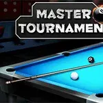 Biljardbord med flere baller og en kø, logo med teksten Master Tournament og en brennende ball
